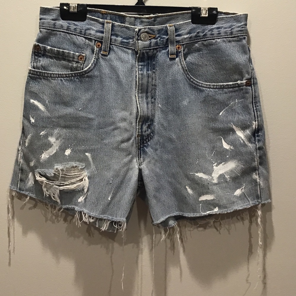 (2) pairs Levis current AND vintage paint,fray, destroyed features